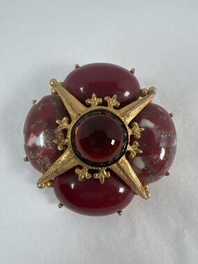 MANDLE Brooch RARE Vintage Renaissance Revival Gold Maltese Cross Red Cabochons